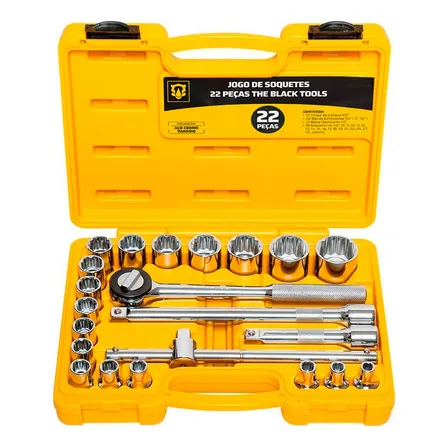 Jogo Kit De Soquetes Ferramentas Manuais Chave Catraca Reversível 1/2 Pol 8 A 32mm Cor Amarelo Bcs022 The Black Tools