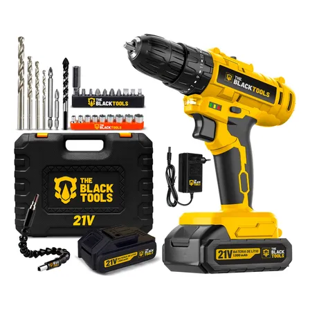 Parafusadeira Furadeira De Impacto A Bateria 21v 3/8 Bivolt 1400 Rpm Com Acessórios E Maleta Tb-21pzw The Black Tools Amarelo 127/220v 60 Hz